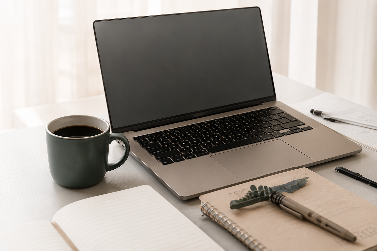 Laptop and notebook on a desk, representing the Elowen Library resources